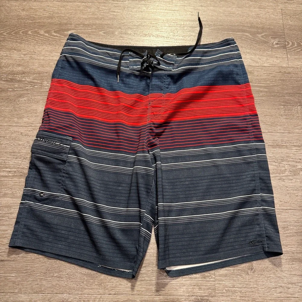 ONeill Board Shorts Mens 34 Blue Red Striped Surf Swim Trunks Outdoor Costal